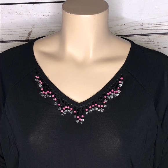 Carole Little NWT Size 2X Black - Pink Bead Fringe V-Neck Rayon Knit Blouse Top - Picture 3 of 7